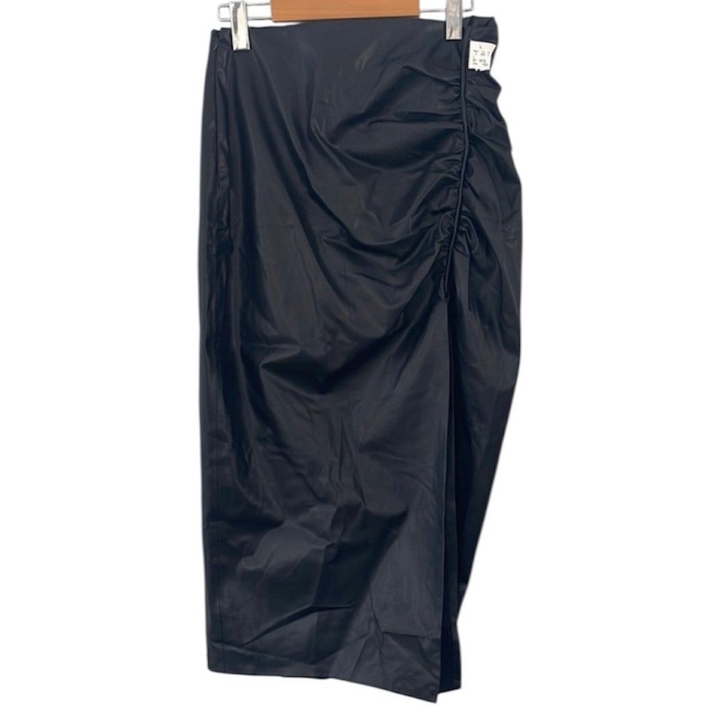 Zara Faux Leather Midi Skirt Black Size Medium Vegan Slit Leg Side Zipper